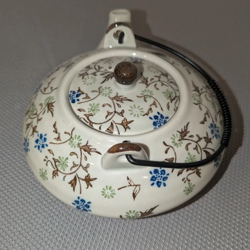 Pier 1 Imports Tomoko 6 Piece Tea Set Floral Ceramic Teapot 4 Cups Metal Stand